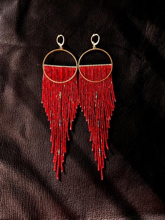 'Firebead' Futurisms - Red Opulence Brass Fringe Earring
